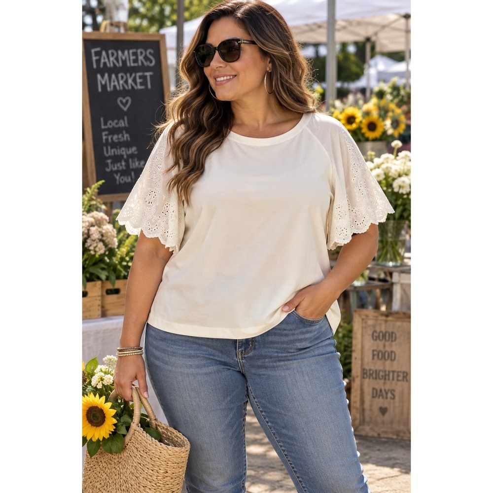 Chicos White Eyelet Raglan Sleeve Top Cotton Blend Size 2 L